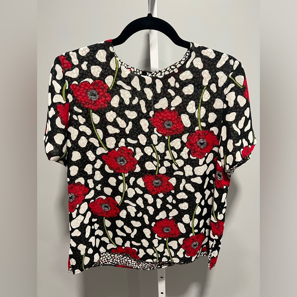 Sag Harbor Vintage Black White Abstract Double Lined Poppy Flowy Blouse Small